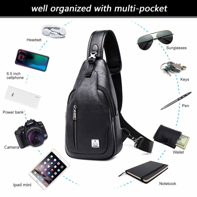 tuowan Small Sling Bag Crossbody Backpack Over the Shoulder Bag for Men Women Travel Outdoors, Lightweight Sling Chest Pack (Large, Pu leather) - Image 2